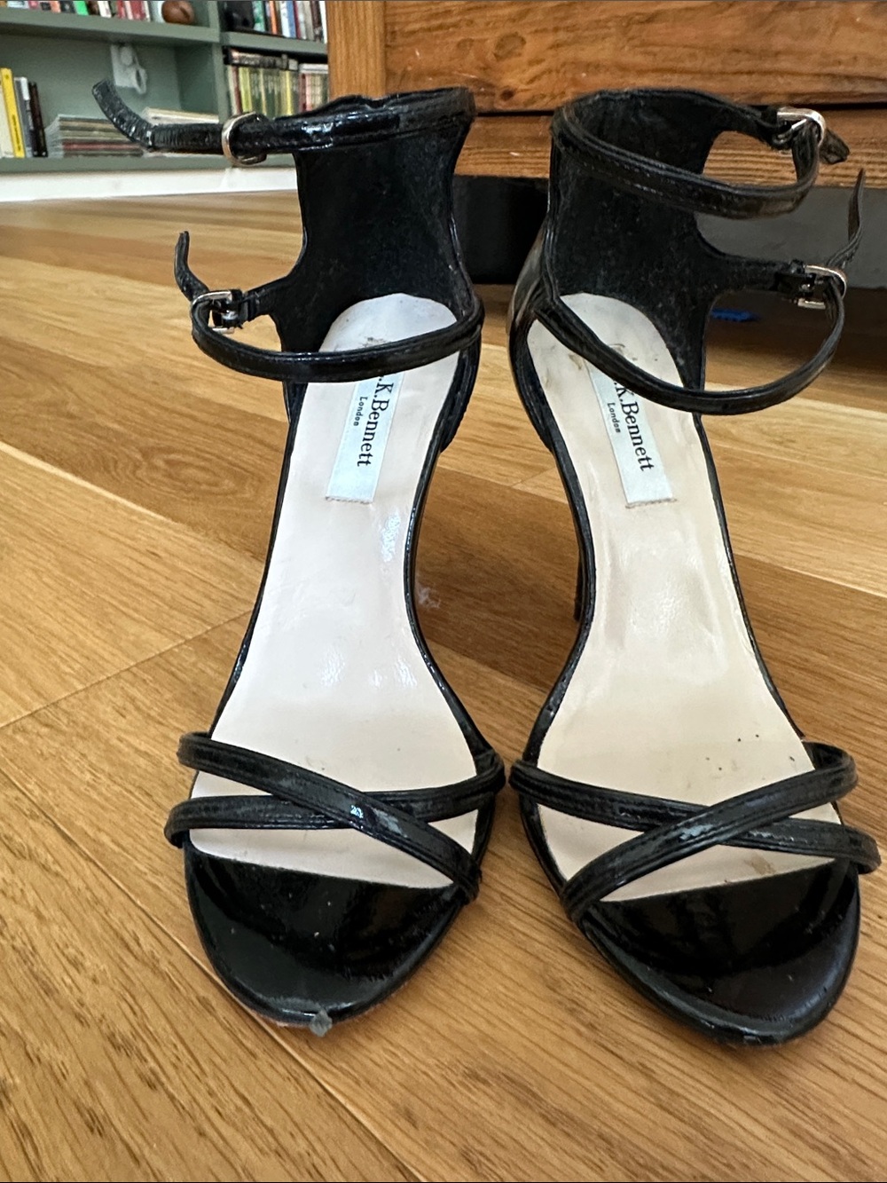 LK Bennett Black Patent Strappy Ankle‑Tie Heels